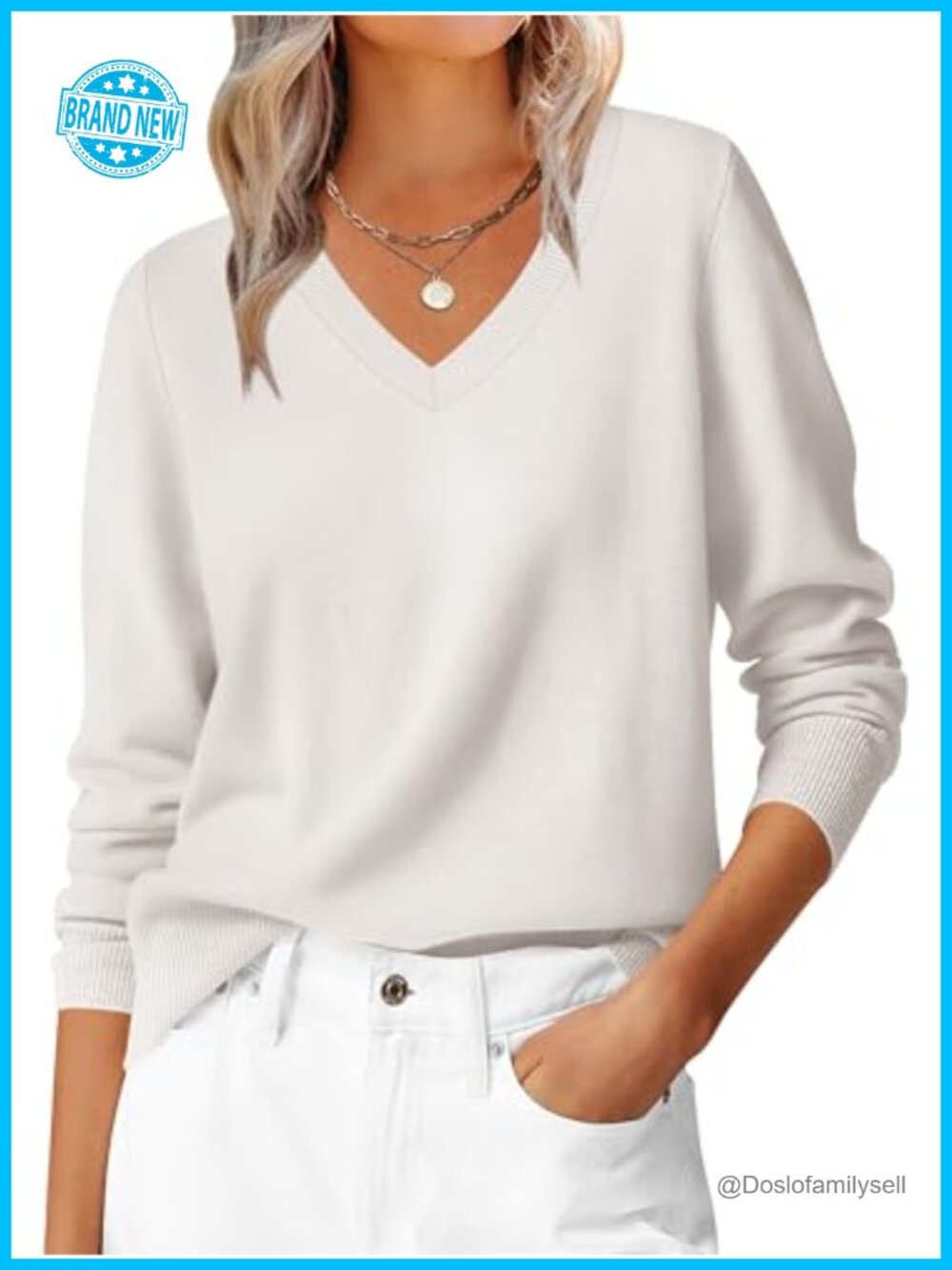 Women's Long Sleeve V Neck Pullover Sweater Lightweight Knit Top